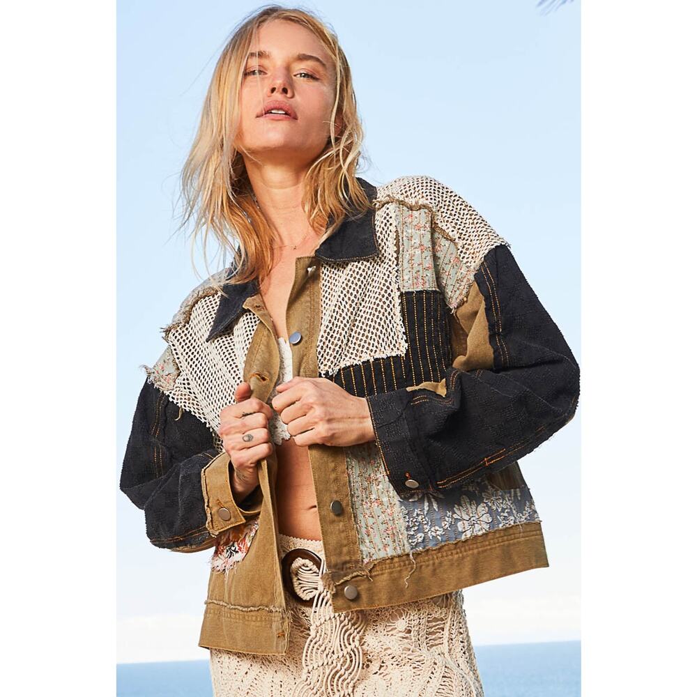 POL Charcoal Green Cropped Patchwork Twill Jacket